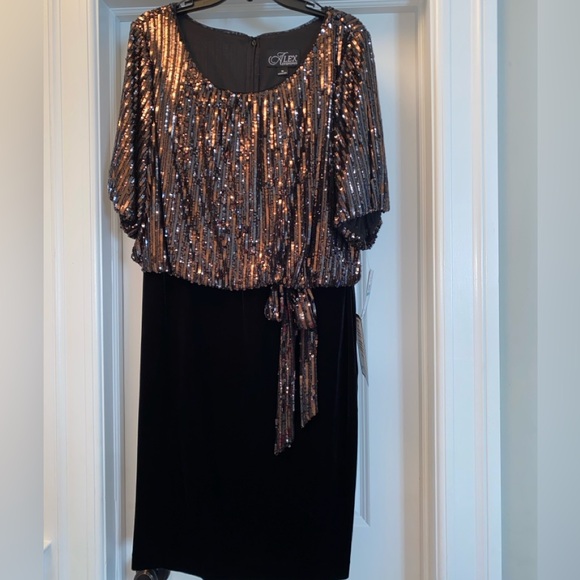 Women’s Short Blouson Dress with sequin Top and Velvet Skirt by Alex Evenings - Picture 3 of 7